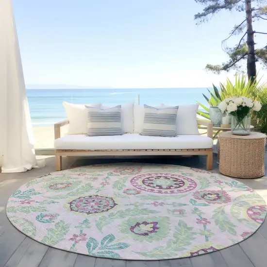 8' Pink Mauve And Mint Green Round Floral Washable Indoor Outdoor Area Rug Photo 6