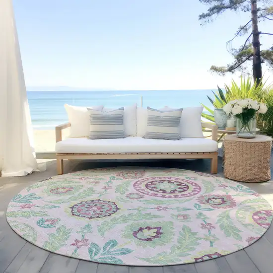 8' Pink Mauve And Mint Green Round Floral Washable Indoor Outdoor Area Rug Photo 6