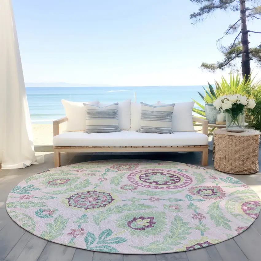8' Pink Mauve And Mint Green Round Floral Washable Indoor Outdoor Area Rug Photo 6