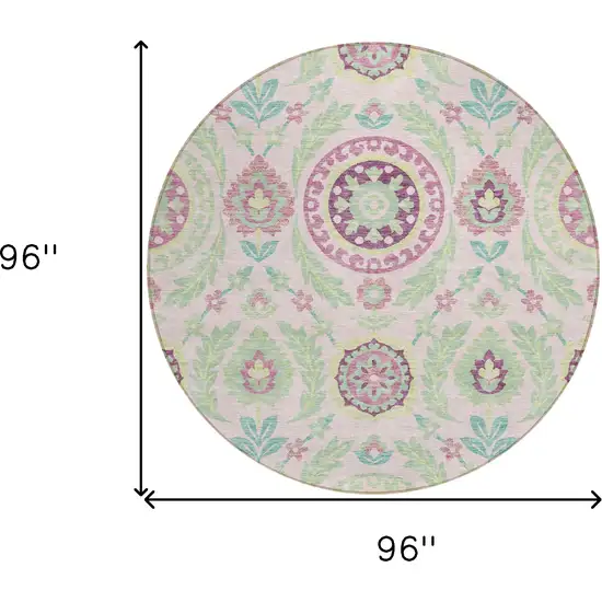 8' Pink Mauve And Mint Green Round Floral Washable Indoor Outdoor Area Rug Photo 8