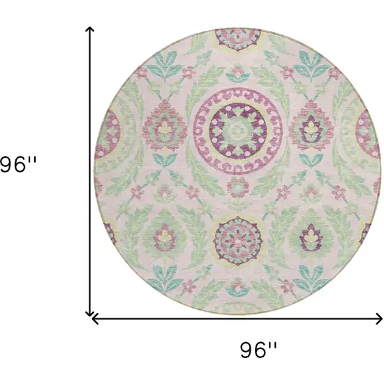 8' Pink Mauve And Mint Green Round Floral Washable Indoor Outdoor Area Rug Photo 8