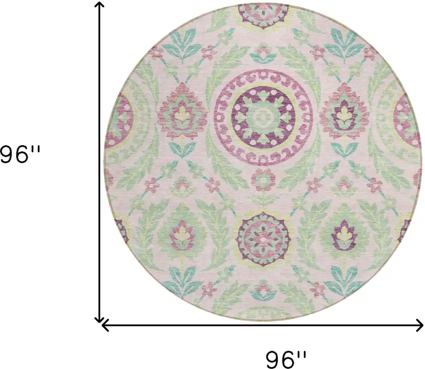 8' Pink Mauve And Mint Green Round Floral Washable Indoor Outdoor Area Rug Photo 8