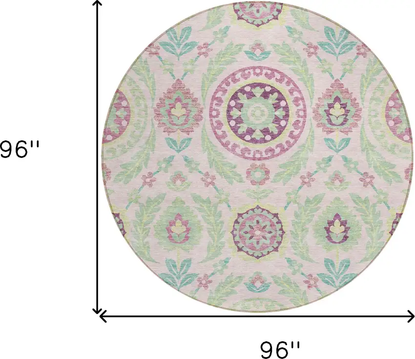 8' Pink Mauve And Mint Green Round Floral Washable Indoor Outdoor Area Rug Photo 8
