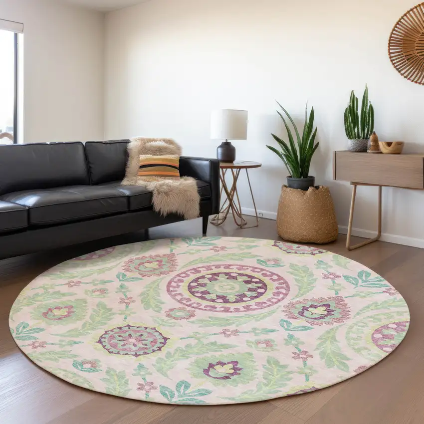 8' Pink Mauve And Mint Green Round Floral Washable Indoor Outdoor Area Rug Photo 7