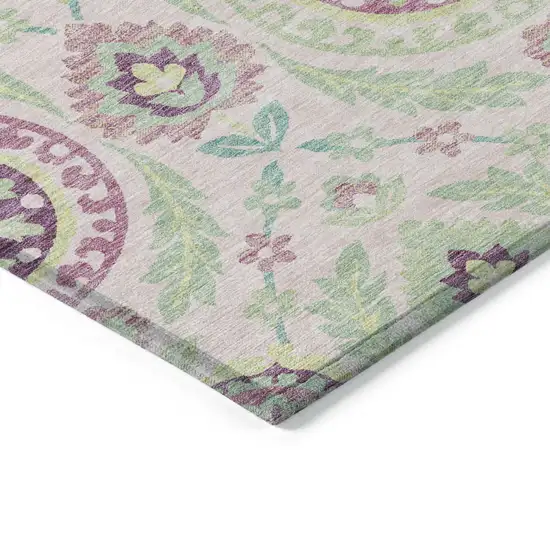 8' Pink Mauve And Mint Green Round Floral Washable Indoor Outdoor Area Rug Photo 3