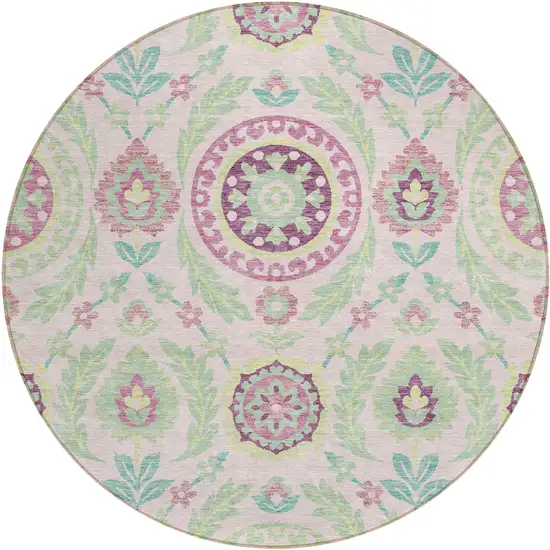 8' Pink Mauve And Mint Green Round Floral Washable Indoor Outdoor Area Rug Photo 1