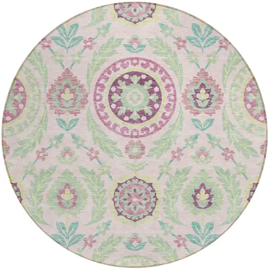 8' Pink Mauve And Mint Green Round Floral Washable Indoor Outdoor Area Rug Photo 1