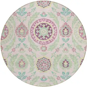Photo of 8' Pink Mauve And Mint Green Round Floral Washable Indoor Outdoor Area Rug