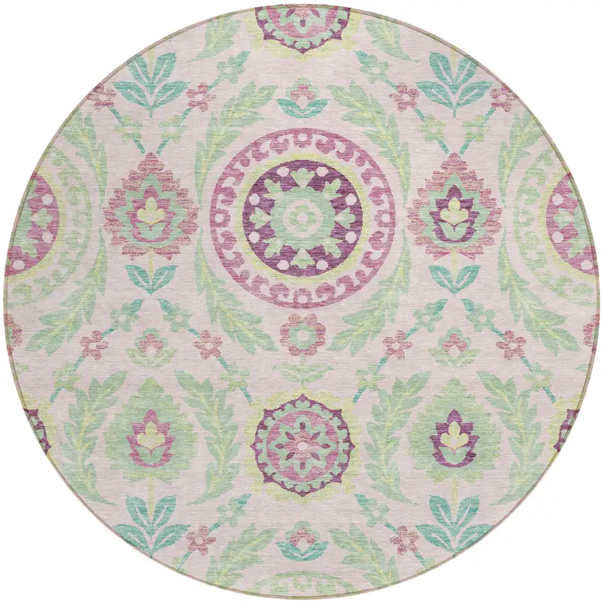 8' Pink Mauve And Mint Green Round Floral Washable Indoor Outdoor Area Rug Photo 1