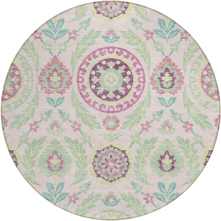 8' Pink Mauve And Mint Green Round Floral Washable Indoor Outdoor Area Rug Photo 1