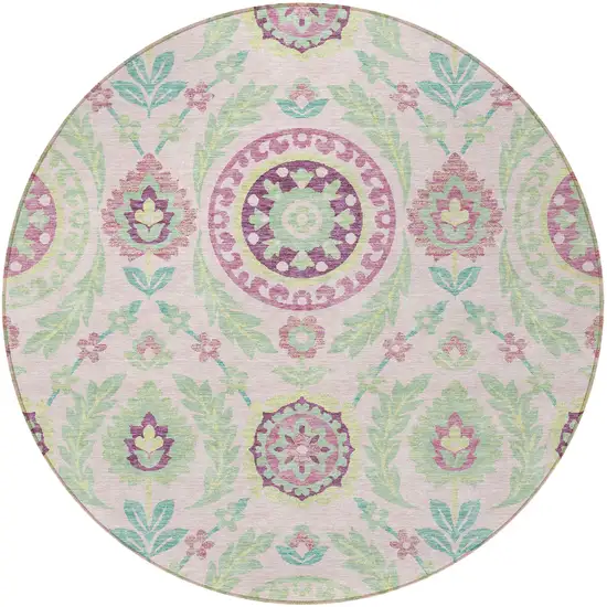 8' Pink Mauve And Mint Green Round Floral Washable Indoor Outdoor Area Rug Photo 5