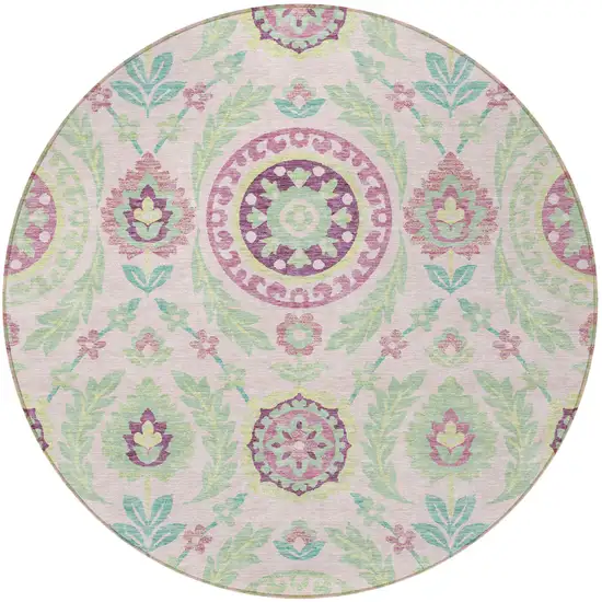 8' Pink Mauve And Mint Green Round Floral Washable Indoor Outdoor Area Rug Photo 5