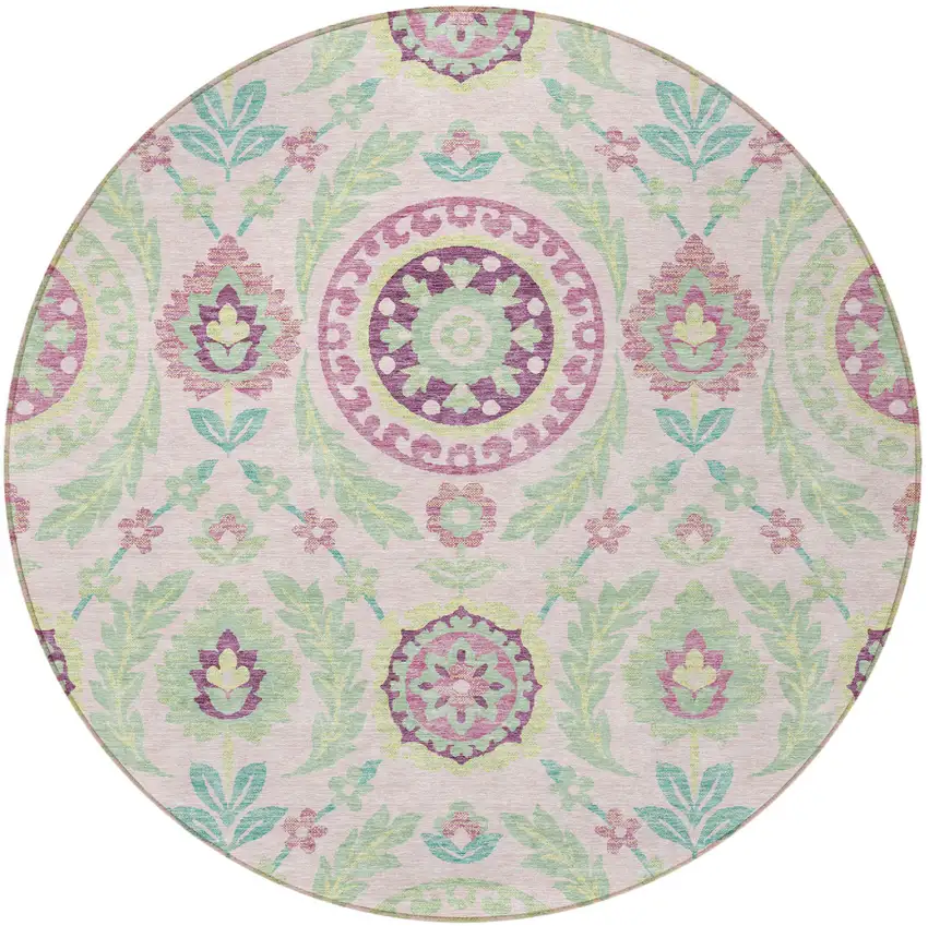 8' Pink Mauve And Mint Green Round Floral Washable Indoor Outdoor Area Rug Photo 5