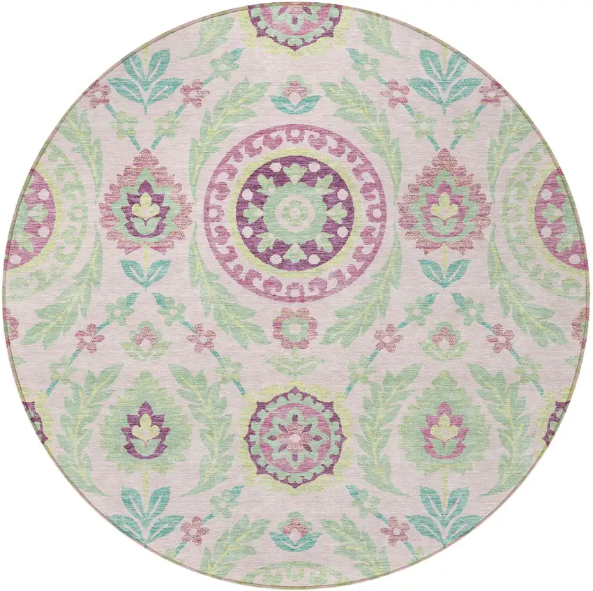 8' Pink Mauve And Mint Green Round Floral Washable Indoor Outdoor Area Rug Photo 5