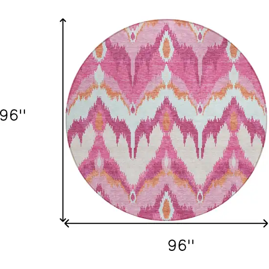 8' Pink Mauve And Orange Round Ikat Washable Indoor Outdoor Area Rug Photo 9