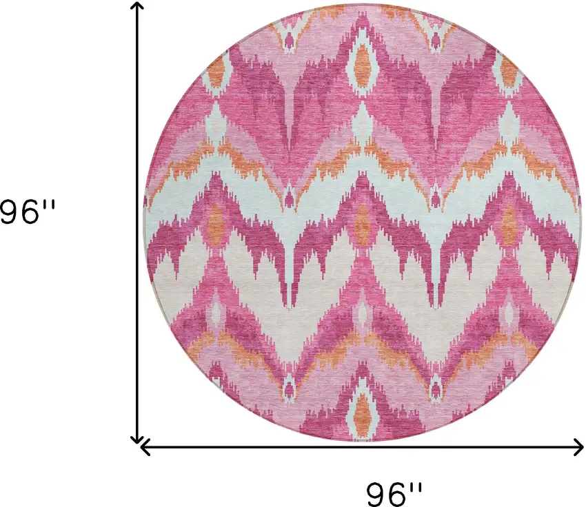 8' Pink Mauve And Orange Round Ikat Washable Indoor Outdoor Area Rug Photo 9