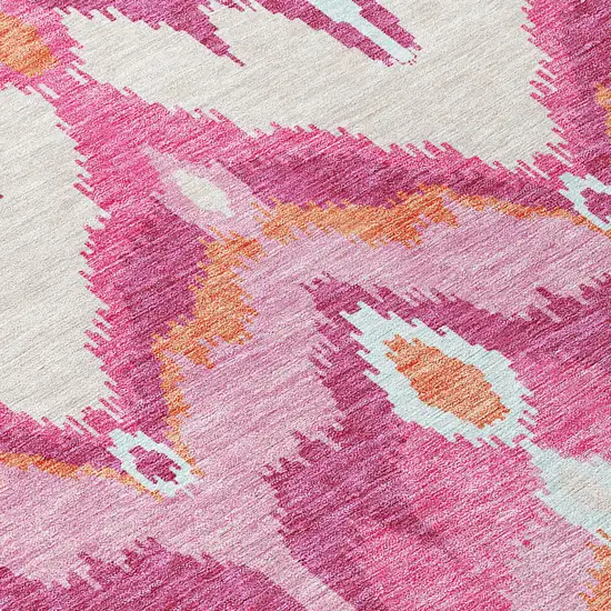 8' Pink Mauve And Orange Round Ikat Washable Indoor Outdoor Area Rug Photo 4