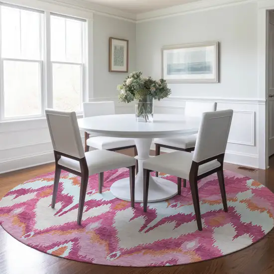 8' Pink Mauve And Orange Round Ikat Washable Indoor Outdoor Area Rug Photo 8