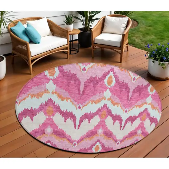 8' Pink Mauve And Orange Round Ikat Washable Indoor Outdoor Area Rug Photo 1