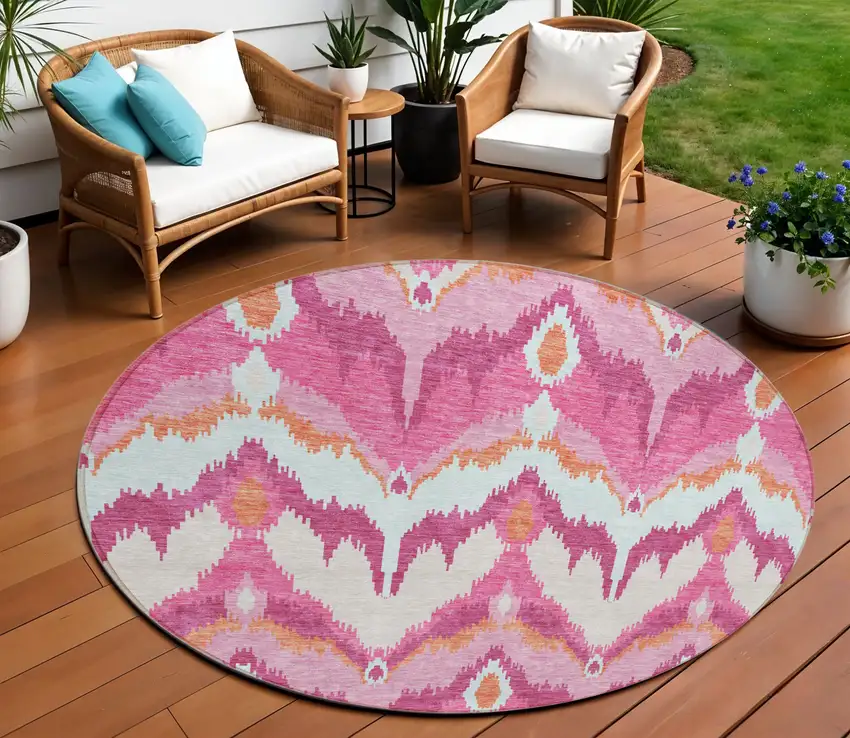 8' Pink Mauve And Orange Round Ikat Washable Indoor Outdoor Area Rug Photo 1