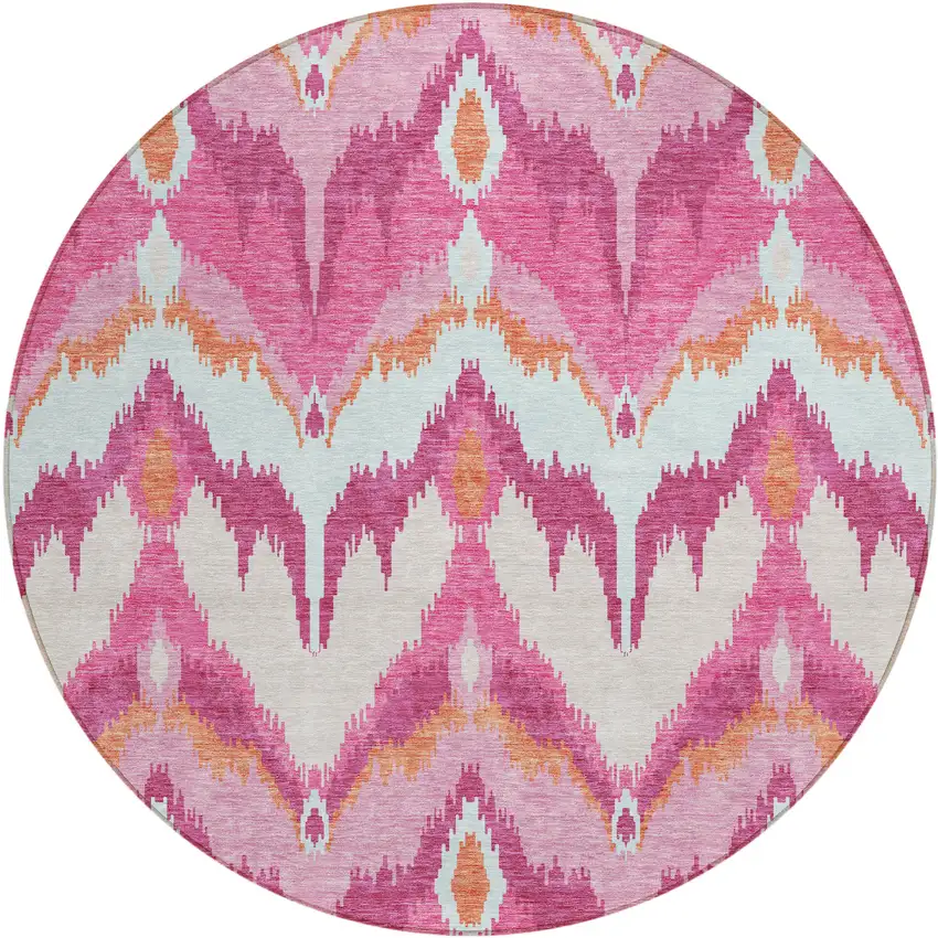 8' Pink Mauve And Orange Round Ikat Washable Indoor Outdoor Area Rug Photo 2