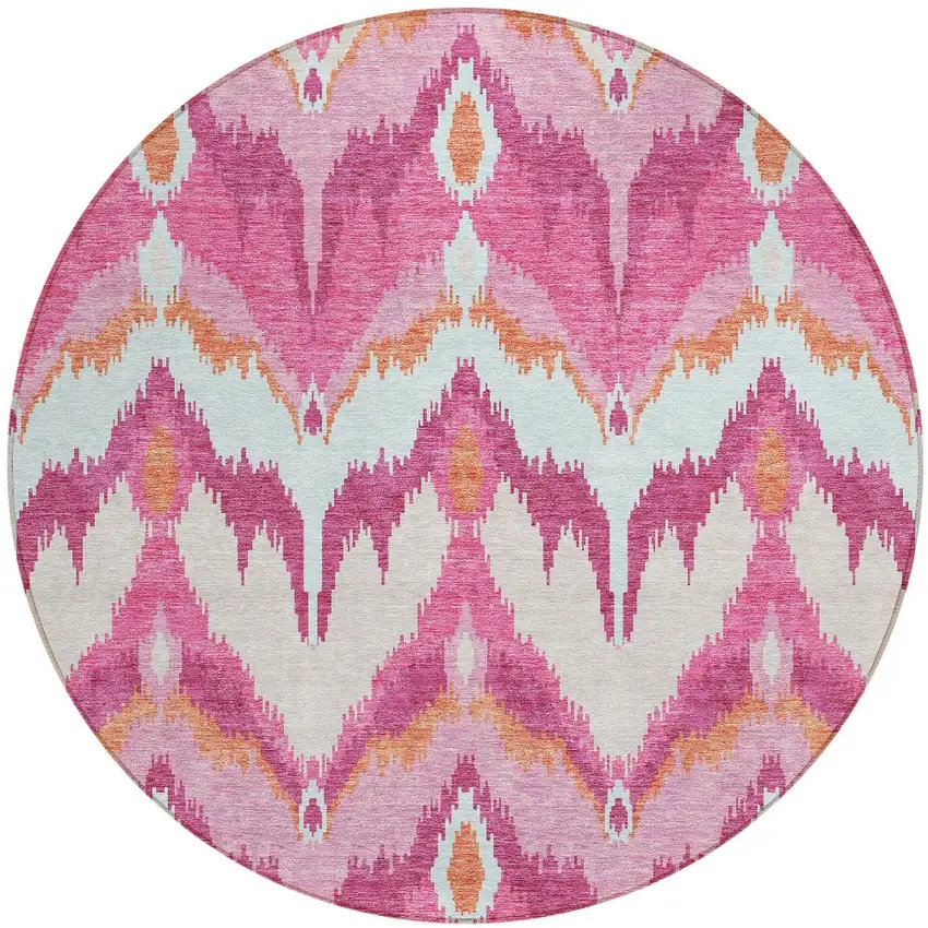 8' Pink Mauve And Orange Round Ikat Washable Indoor Outdoor Area Rug Photo 6