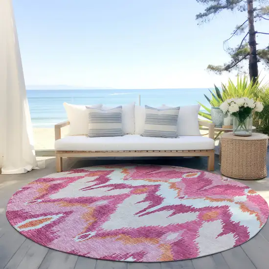 8' Pink Mauve And Orange Round Ikat Washable Indoor Outdoor Area Rug Photo 7