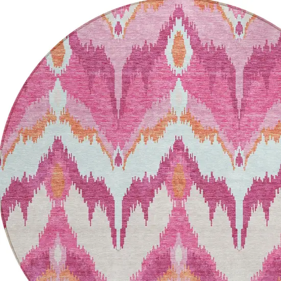 8' Pink Mauve And Orange Round Ikat Washable Indoor Outdoor Area Rug Photo 5