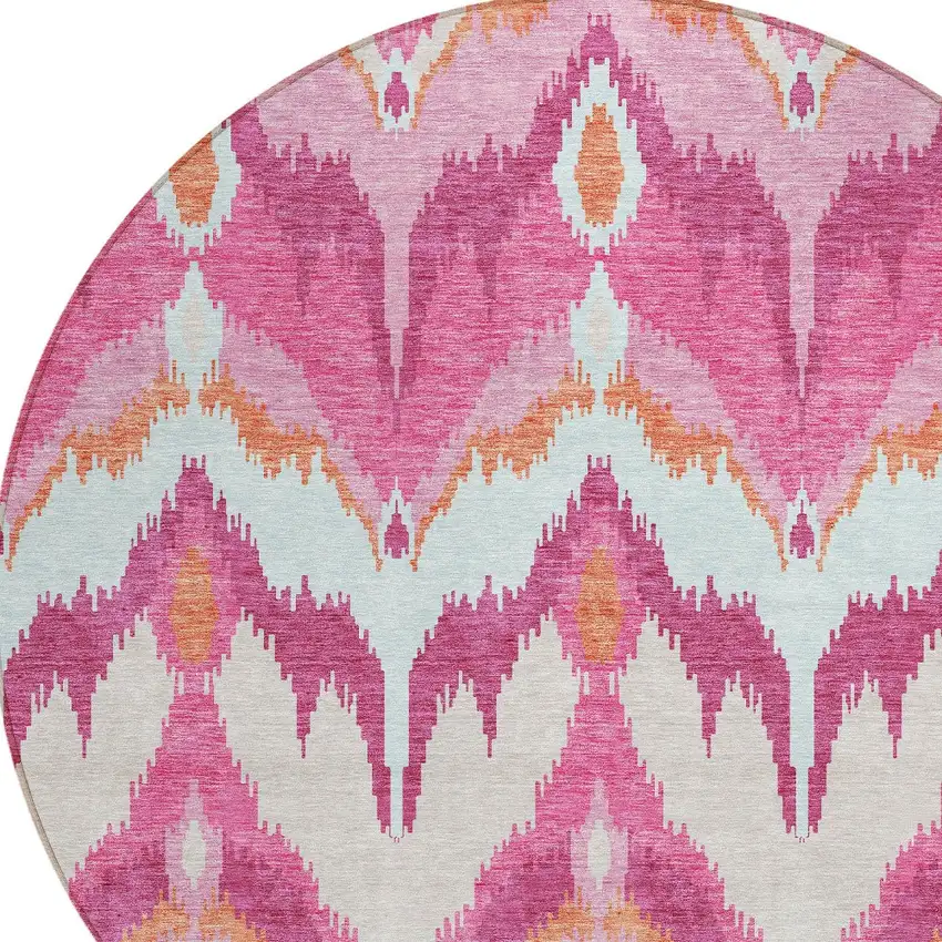 8' Pink Mauve And Orange Round Ikat Washable Indoor Outdoor Area Rug Photo 5