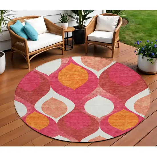8' Pink Mauve And Orange Round Ogee Washable Indoor Outdoor Area Rug Photo 1