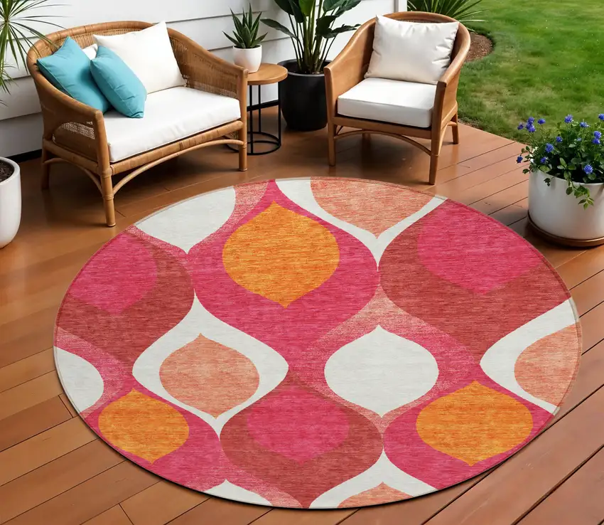 8' Pink Mauve And Orange Round Ogee Washable Indoor Outdoor Area Rug Photo 1