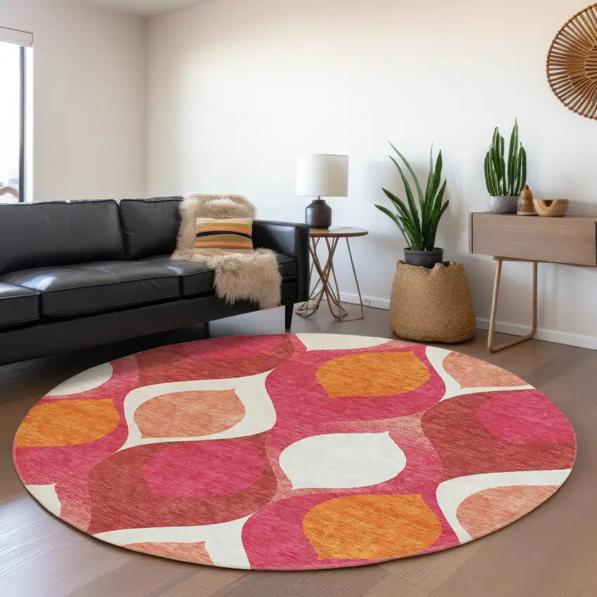 8' Pink Mauve And Orange Round Ogee Washable Indoor Outdoor Area Rug Photo 7