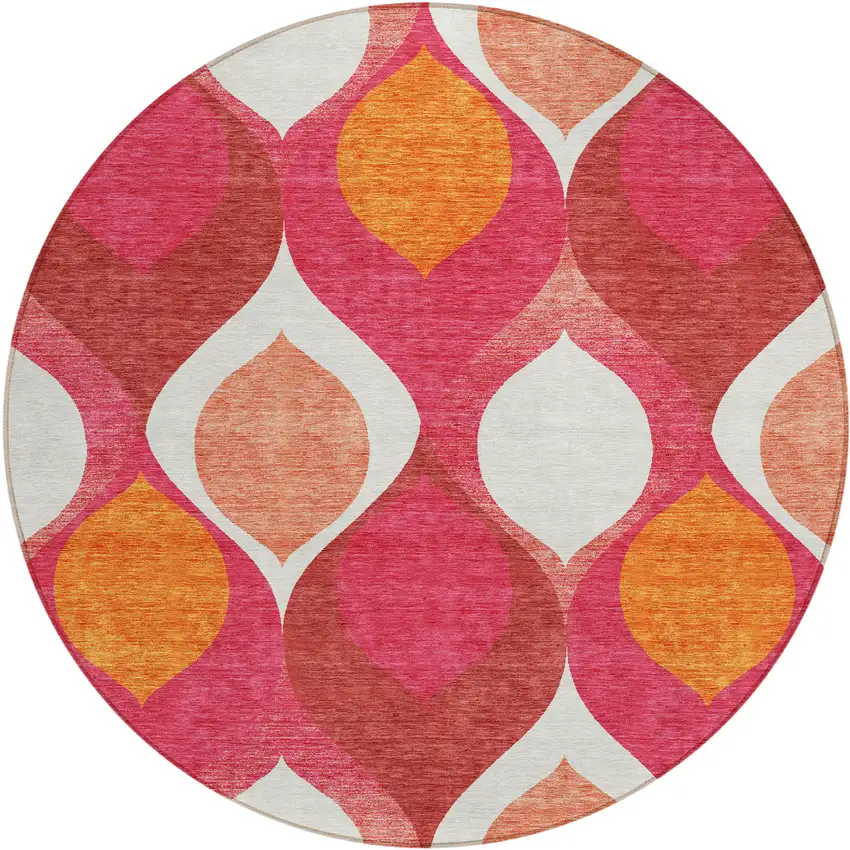 8' Pink Mauve And Orange Round Ogee Washable Indoor Outdoor Area Rug Photo 1