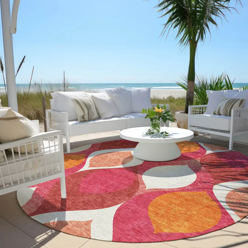 8' Pink Mauve And Orange Round Ogee Washable Indoor Outdoor Area Rug Photo 6