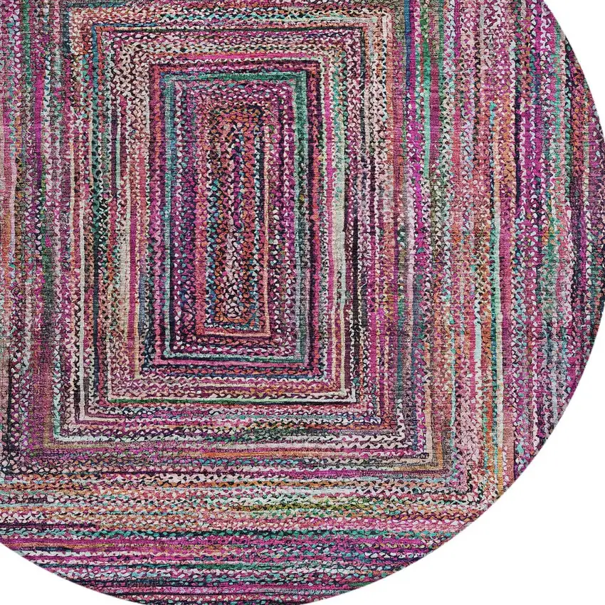 8' Pink Mauve And Teal Blue Round Geometric Washable Indoor Outdoor Area Rug Photo 7