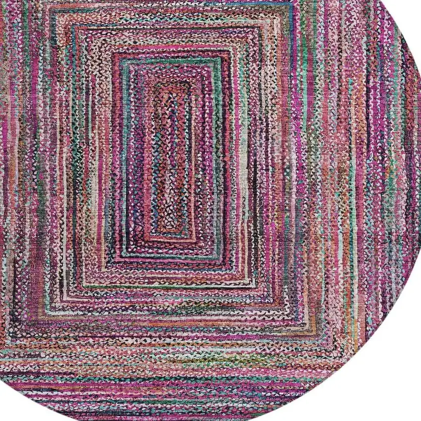 8' Pink Mauve And Teal Blue Round Geometric Washable Indoor Outdoor Area Rug Photo 4