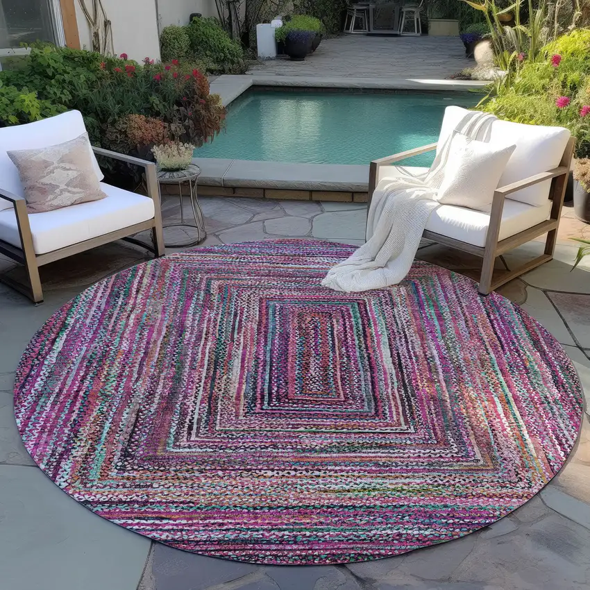 8' Pink Mauve And Teal Blue Round Geometric Washable Indoor Outdoor Area Rug Photo 5