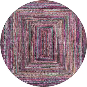 Photo of 8' Pink Mauve And Teal Blue Round Geometric Washable Indoor Outdoor Area Rug