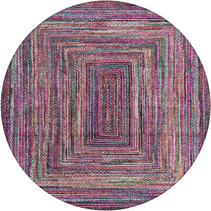 8' Pink Mauve And Teal Blue Round Geometric Washable Indoor Outdoor Area Rug Photo 1