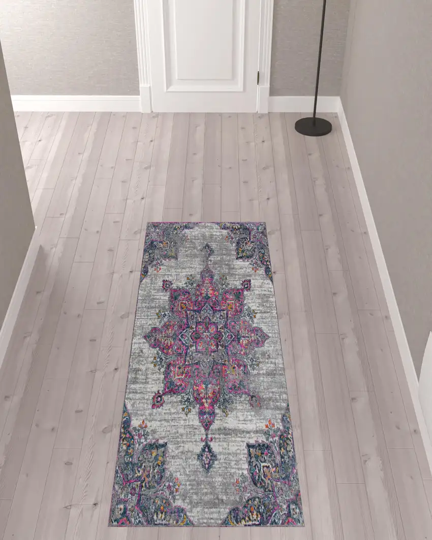 8' Pink Medallion Power Loom Runner Rug Photo 2