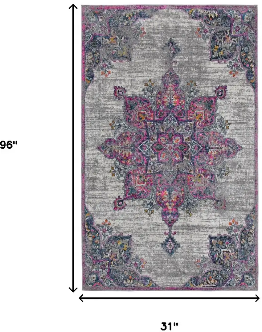 8' Pink Medallion Power Loom Runner Rug Photo 3