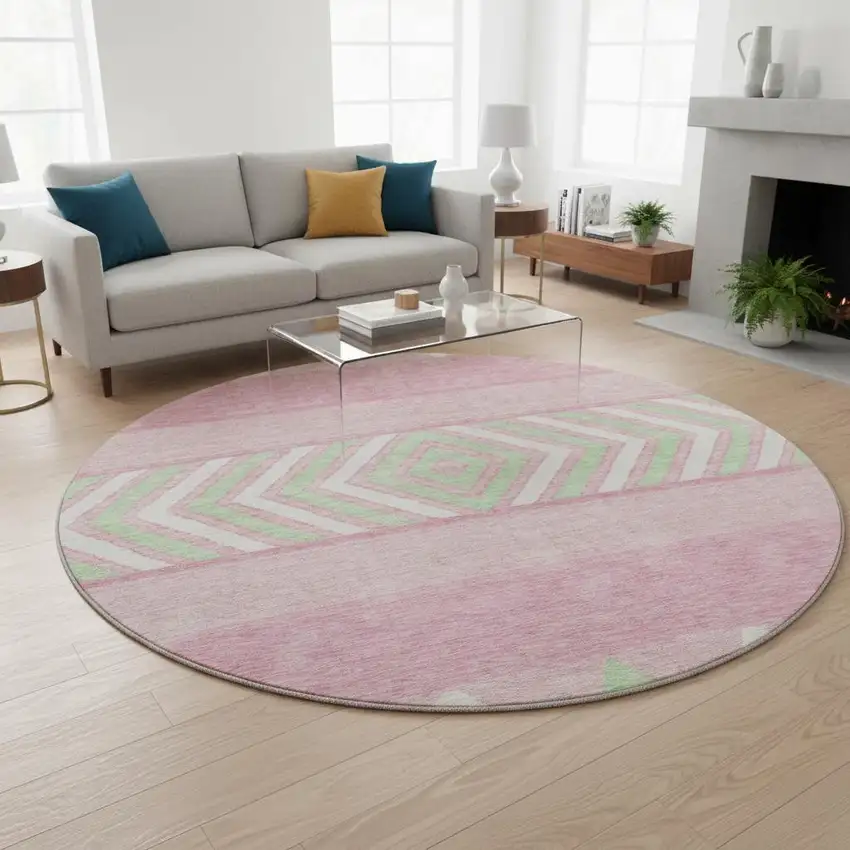 8' Pink Mint Green And Ivory Southwestern Washable Round Rug With UV Protection Photo 2