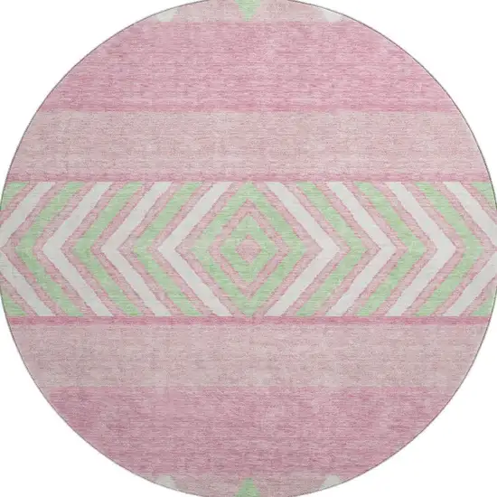 8' Pink Mint Green And Ivory Southwestern Washable Round Rug With UV Protection Photo 3