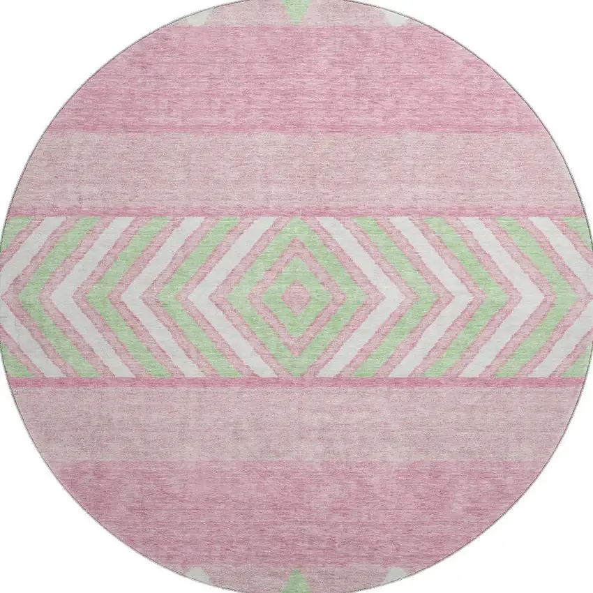 8' Pink Mint Green And Ivory Southwestern Washable Round Rug With UV Protection Photo 3