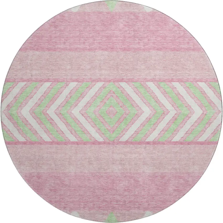 8' Pink Mint Green And Ivory Southwestern Washable Round Rug With UV Protection Photo 1