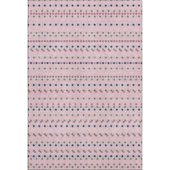 8' Pink Navy Blue And Gray Striped Washable Area Rug With UV Protection Photo 1
