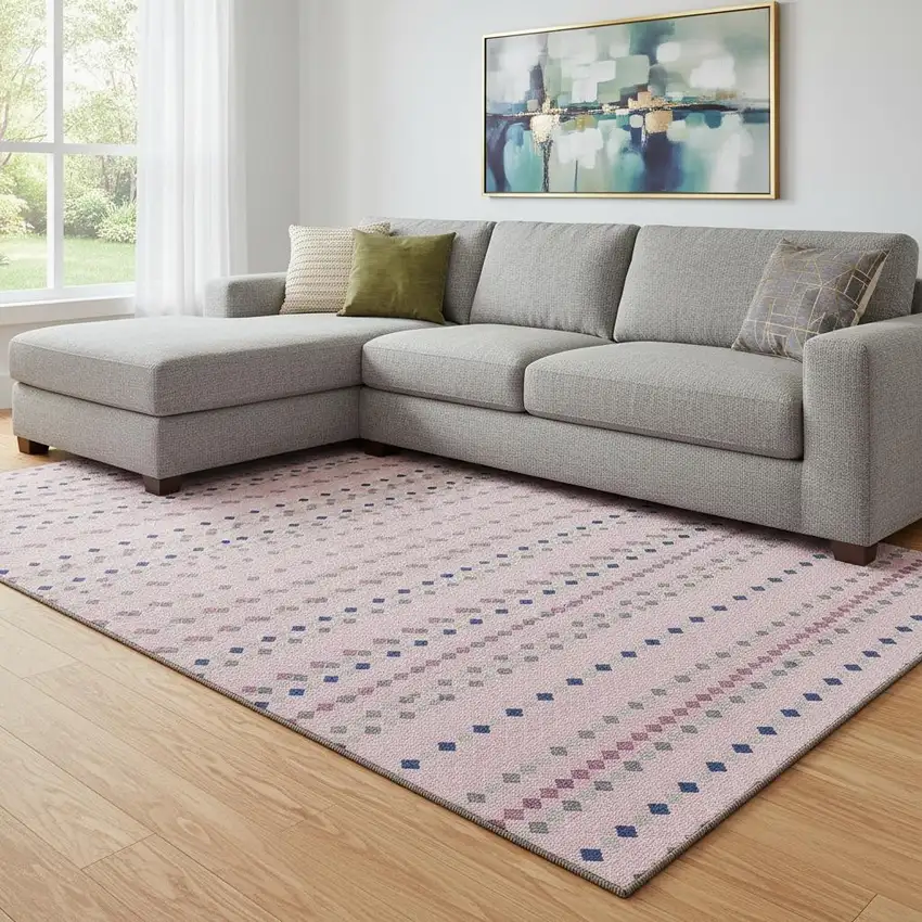 8' Pink Navy Blue And Gray Striped Washable Area Rug With UV Protection Photo 2