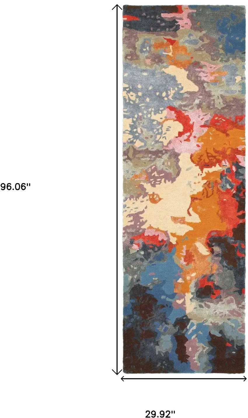 8' Pink Orange And Blue Abstract Hand Tufted Runner Rug Photo 3