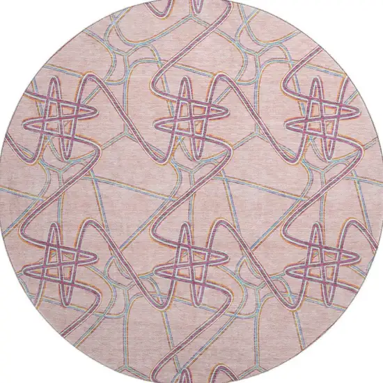 8' Pink Orange And Blue Geometric Washable Round Rug With UV Protection Photo 3