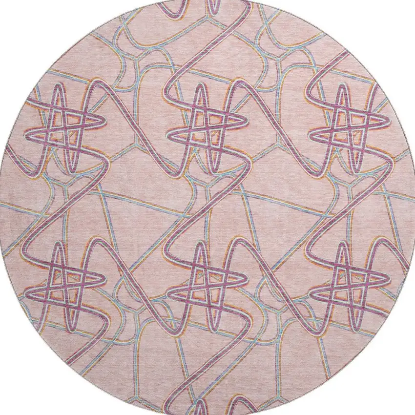 8' Pink Orange And Blue Geometric Washable Round Rug With UV Protection Photo 3